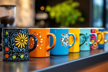 A row of colorful coffee mugs lined up on a shelf, each mug a different size and design, symbolizing personal coffee preferences and morning routines