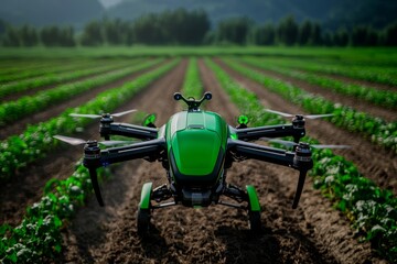 Aerial view of an autonomous robotic farm, with drones monitoring crops and robotic tractors...