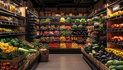 Fototapeta premium Grocery Store Produce. Fresh Produce Section. Farmers Market Stall. Colorful Fruits and Vegetables. Complete grocery store.