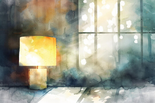 Watercolor-Style Illustration of a Lamp Emitting Soft Light &ndash; Blurred Shadows in the Foreground Enhance a Calm Atmosphere, Highlighting the Contrast Between Light and Shadow