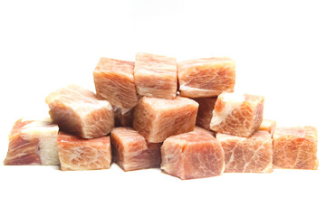 diced raw beef isolated on white background