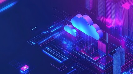 Cloud architecture platform. Internet infrastructure concept. Blue color abstract technology background. Digital saas solutions.