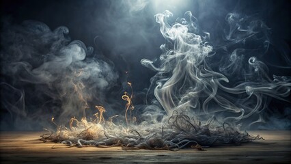 Mysterious grey background with wispy tendrils of smoke drifting upwards, evoking a sense of ambiguity and intrigue in a dark, moody atmosphere.