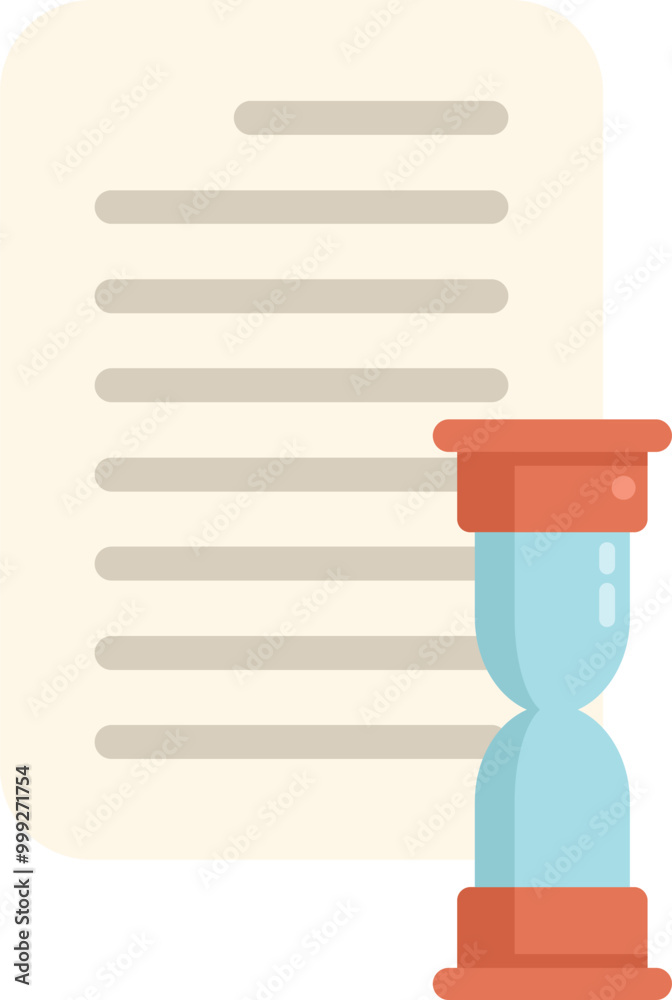 Poster hourglass measuring time with paper document behind representing deadline and time management concep