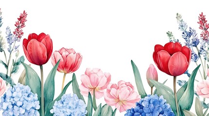 Naklejka premium Colorful red tulips, peonies, hyacinths, hydrangeas, pink roses design horizontal card. Wedding greenery. Green, blue, red, white tones. Watercolor banner card. Summer style