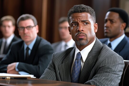 Courtroom scene with a jury in the background, focusing on the interaction between the defense attorney and the witness during cross-examination