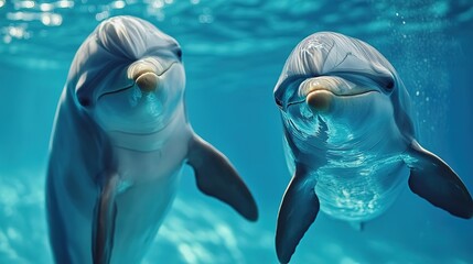 Obraz premium Dolphins playing in the sea blue water. Underwater shots of wild dolphins take your breath away. Aquatic sea animal in its natural habitat. Close-up view
