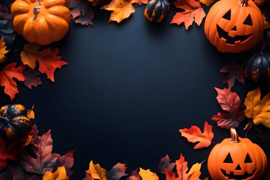Happy halloween flat lay mockup with pumpkins and leaves on black background. Autumn holiday concept composition. Top view with copy space