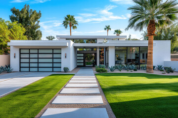 the front view of an all-white modern home with green grass and palm trees, and a garage door with black-tinted windows.