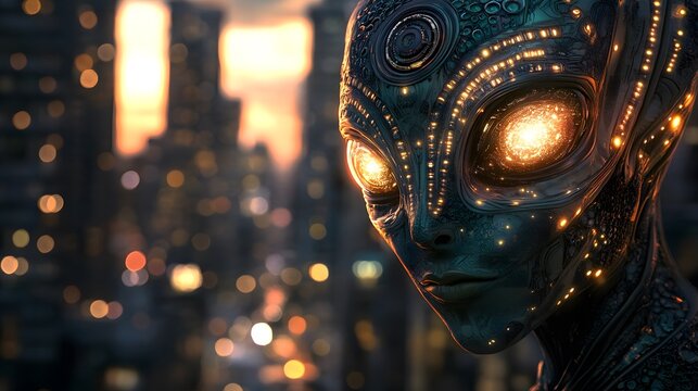 Close-up of a Futuristic, Glowing, Metallic Alien Face