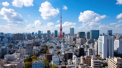 Obraz premium 晴れた日の東京の近代的な街並み - プリントやポスターに最適な青空の下の象徴的な都市のスカイライン