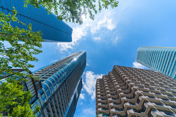 looking up view of city skyline in tokyo, japan