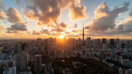 Obraz premium 夕暮れ時の東京の近代的なスカイライン - 都会の静けさと建築の驚異