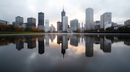 Naklejka premium 春の静かな水面に映る東京の近代的なスカイライン