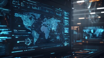 Futuristic technology for processing information flow, world big data network, monitor screen in perspective