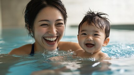 プールで泳ぐ喜びに満ちた母親と赤ちゃん - 日本の家族の絆を祝う
