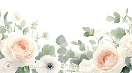 Light pink roses, white peonies, hydrangeas, blush ranunculus, eucalyptus, greenery, wedding seasonal floral Card design frame. Floral watercolor banner composition.