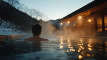 Fototapeta premium 日本の雪山での静かな夜の温泉体験 - リラックスや休息に最適です