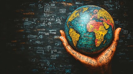 Hand holding a globe against a blackboard with math equations.