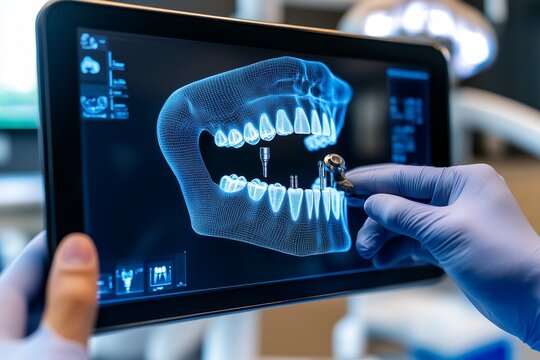 Futuristic dental implant procedure with AI assistance, where the dentist uses an advanced digital interface to place implants with robotic precision