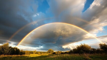 穏やかな日本の風景に鮮やかな虹のアーチが描かれています。印刷物やポスターに最適です。