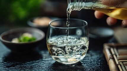 透明な日本酒をグラスに注ぐ – カードやポスターに使える日本の春の伝統