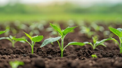 Obraz premium Lush green seedlings sprouting in fertile cultivated soil on a picturesque rural farm field showcasing the impact of optimal growing conditions on plant growth and development