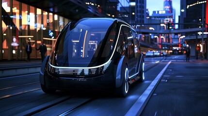 Futuristic autonomous vehicle navigating city street at night with sleek design and glowing lights for highlighting advanced technology self-driving innovation and smart mobility concept.