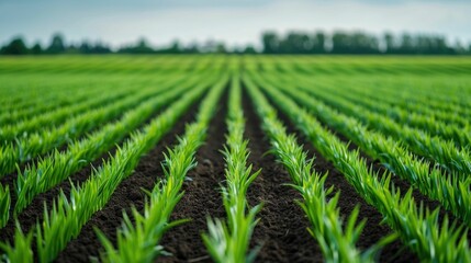 Expansive agricultural landscape showcasing rows of flourishing crops with a mesmerizing depth of field effect highlighting the potential of the farming industry