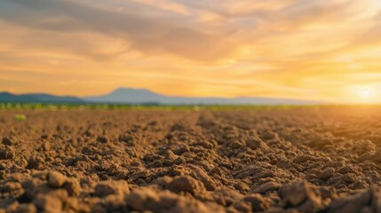 Dramatic sunset casts a warm golden glow over a rugged agricultural landscape with a textured rocky foreground and silhouetted mountains on the horizon  The serene