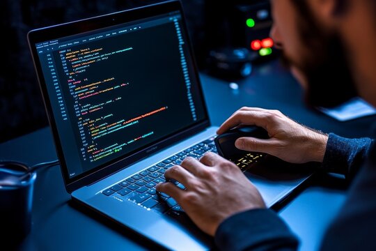 Hacker using a keylogger on a laptop, recording keystrokes with hidden software, with a secretive expression and the software running unnoticed
