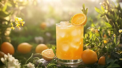 Orange lemonade in a beautiful garden setting, a summer drink.
