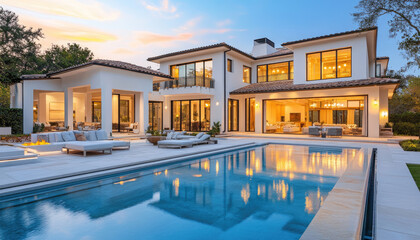 bright white mansion with a pool and garden at dusk