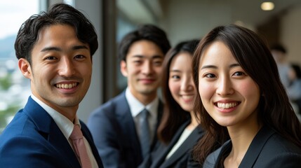 Fototapeta premium ポジティブな気持ちと春の雰囲気をモチベーションに、笑顔で取り組むオフィスチーム