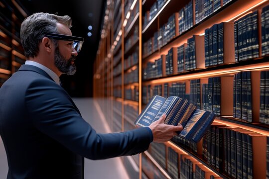 Interactive 3D law library, where users can pull virtual law books from shelves, search for cases, and engage in legal research in a fully immersive digital world