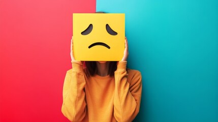 Emotionally Expressive Cardboard Head Covering Depicting Sadness and Distress