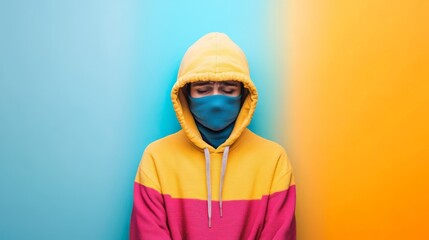 Concealed Emotions:A Colorful Hooded Figure in an Urban Landscape