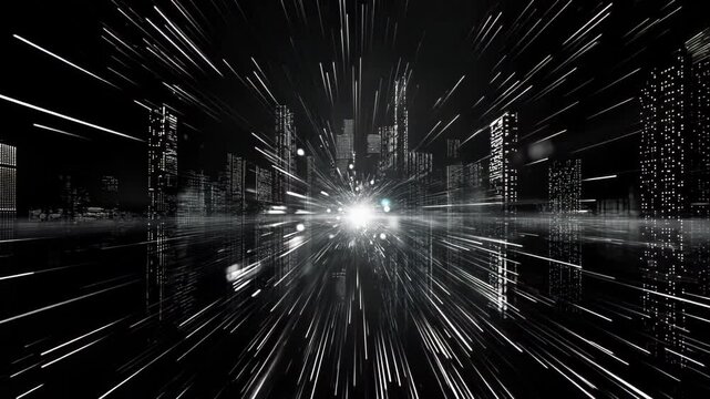 Futuristic urban landscape dissolving into streams of light particles. Skyscrapers and city structures break apart, creating a radial burst effect. 
