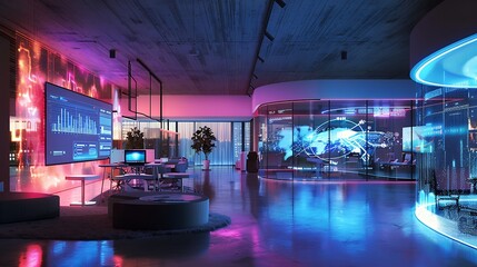 Futuristic office interior with interactive digital screens displaying network data visualizations, modern design elements, neon lighting and a dynamic, high-tech feel.
