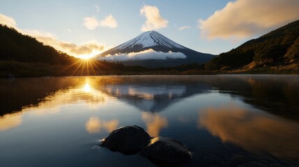 静かな湖に映る富士山の雄大な日の出は、静かな壁画にぴったりです。