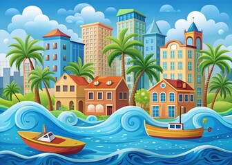 Fototapeta premium Vibrant flat illustration of a flooded cityscape with colorful buildings and palm trees submerged in swirling blue water and surrounded by rescue boats.