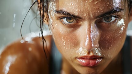 激しい運動に焦点を当てた、汗をかく女性のためのフィットネス インスピレーション ポスター