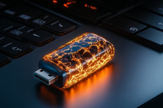 Magical USB drive glowing with enchanted energy, capable of unlocking even the most secure digital vaults in a fantasy hacking world