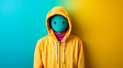 Solitary Hooded Figure in Vibrant Minimalist Color Palette Conveying Emotion of Sadness and Introspection