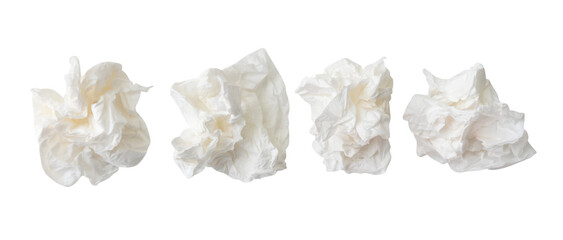 Top view set of screwed or crumpled white tissue paper ball isolated with clipping path in png file format
