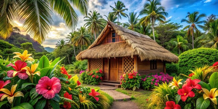 Vibrant hibiscus flowers, tropical leaves, and intricate tiki carvings adorn a traditional Hawaiian hut, surrounded by lush greenery, evoking a sense of island serenity.