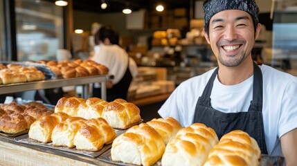 職人のパン屋で笑顔のパン職人が作る伝統的な日本のロールパン