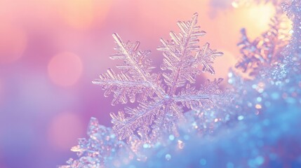 Winter snowflakes glowing on a pastel backdrop, showcasing the beauty of ice crystals and the festive spirit of the season