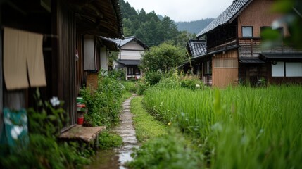 春の伝統的な日本の村 - 版画やポスターのための静かな風景