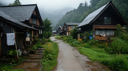 Fototapeta premium ポスターや旅行ガイドのための、春の静かな日本の伝統的な村